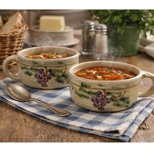 Handmade Studio Pottery Soup Bowls Set Of 2 Grape Vine Design Signed 6x3